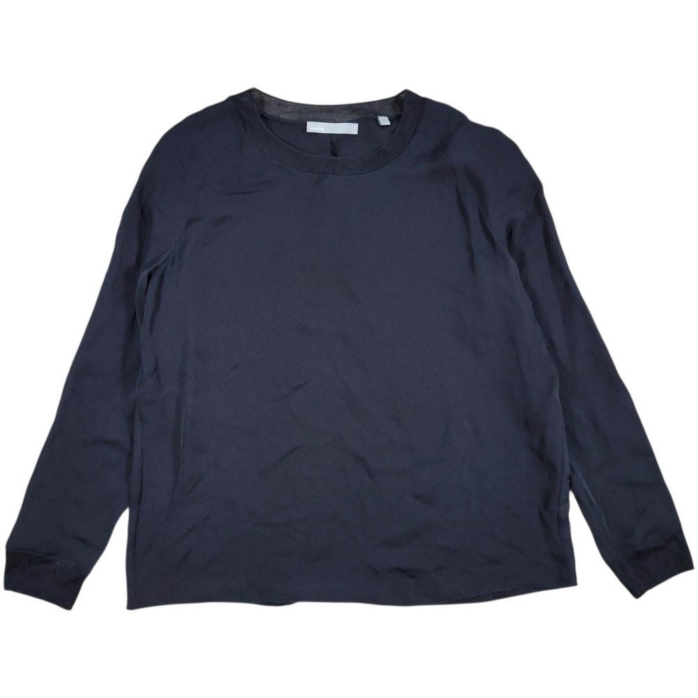 Vince 100% Silk Blouse Womens S Black Long Sleeve‎ Ribbed Neck Minimalist Modern